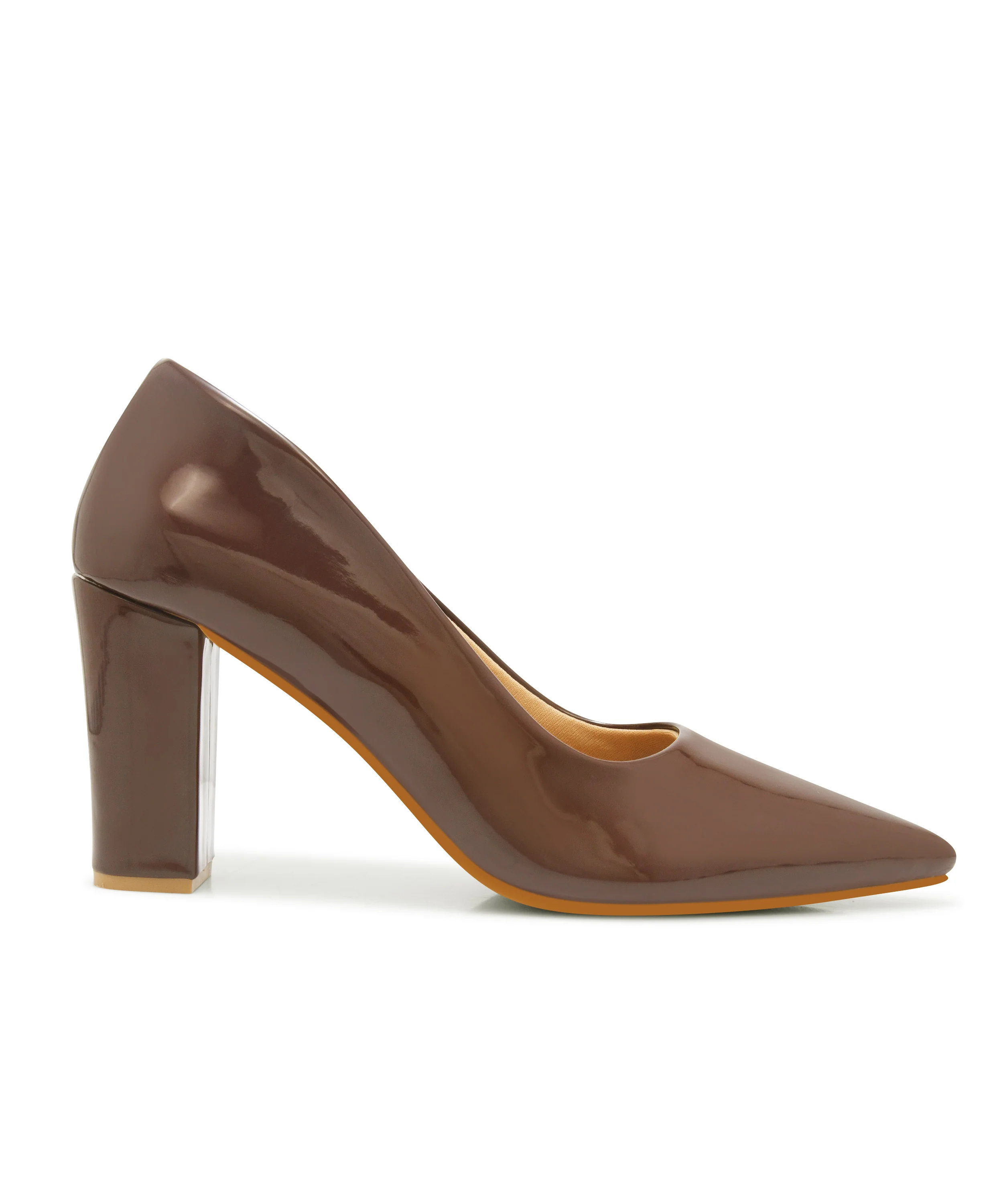 Pointed Toe Block Heel Pumps with Glossy Finish - Image 11