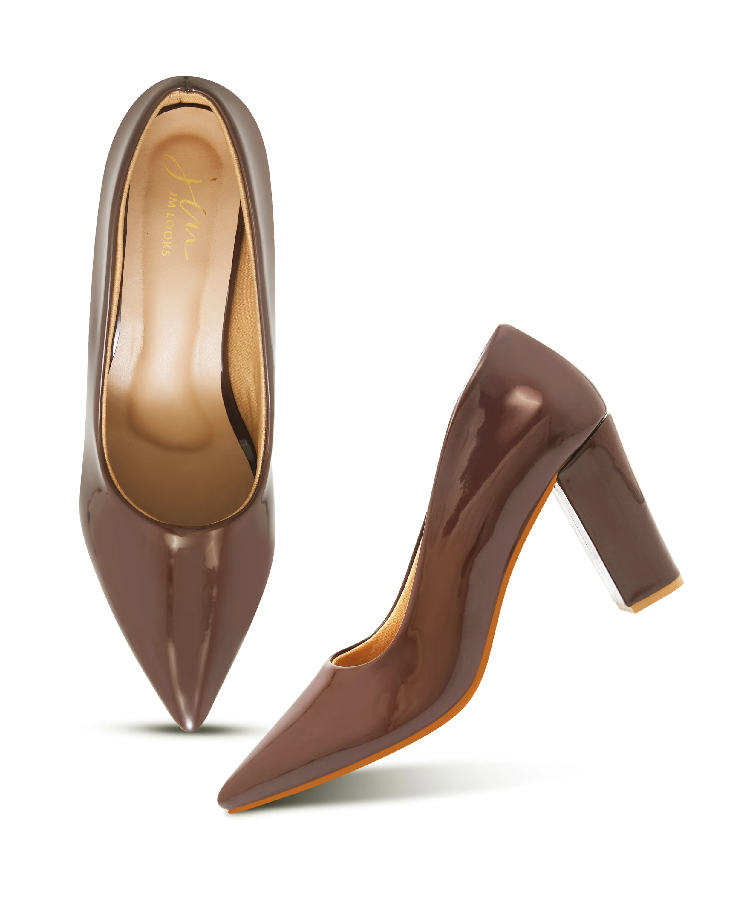 Pointed Toe Block Heel Pumps with Glossy Finish - Image 12