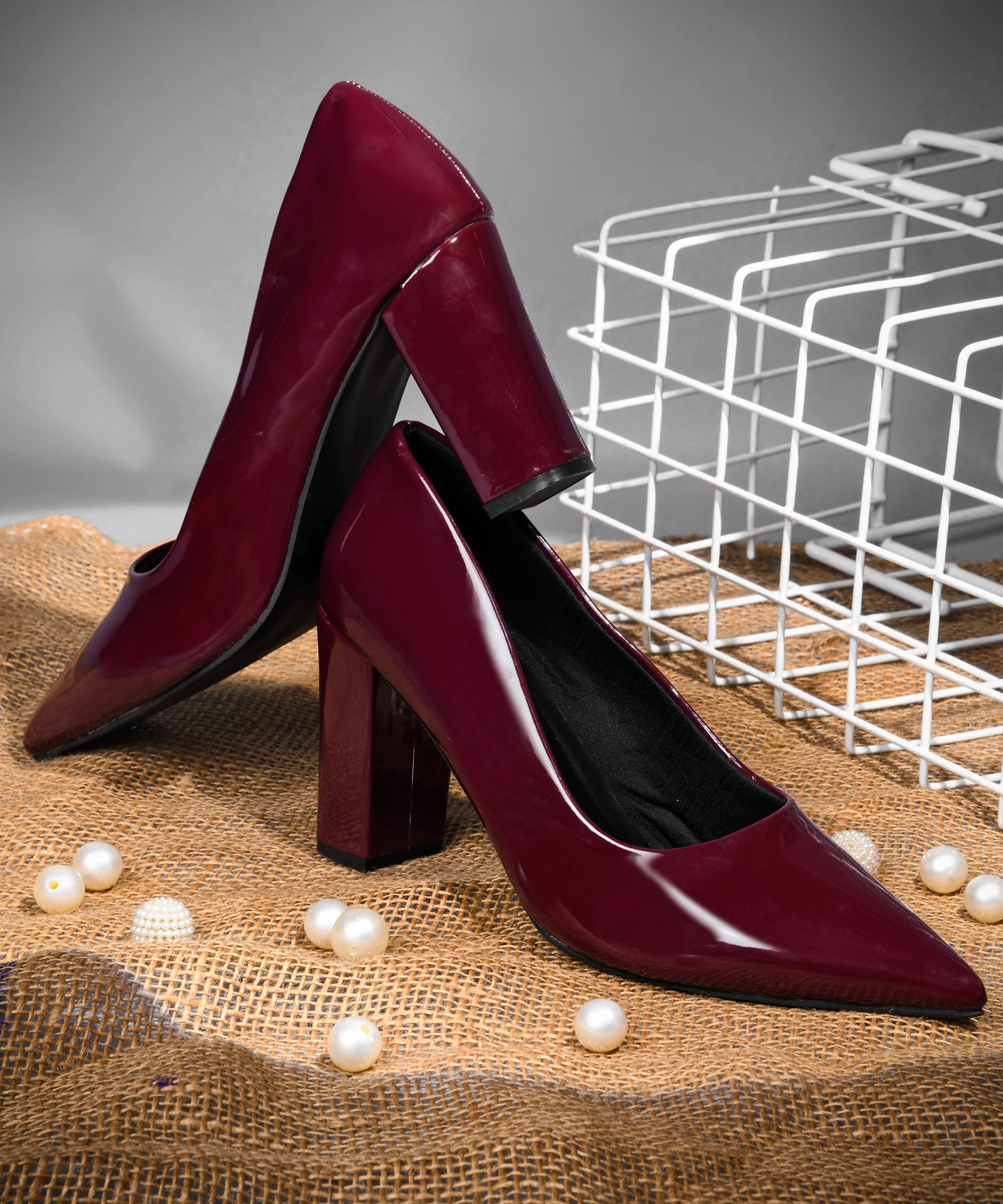 Pointed Toe Block Heel Pumps with Glossy Finish - Image 13