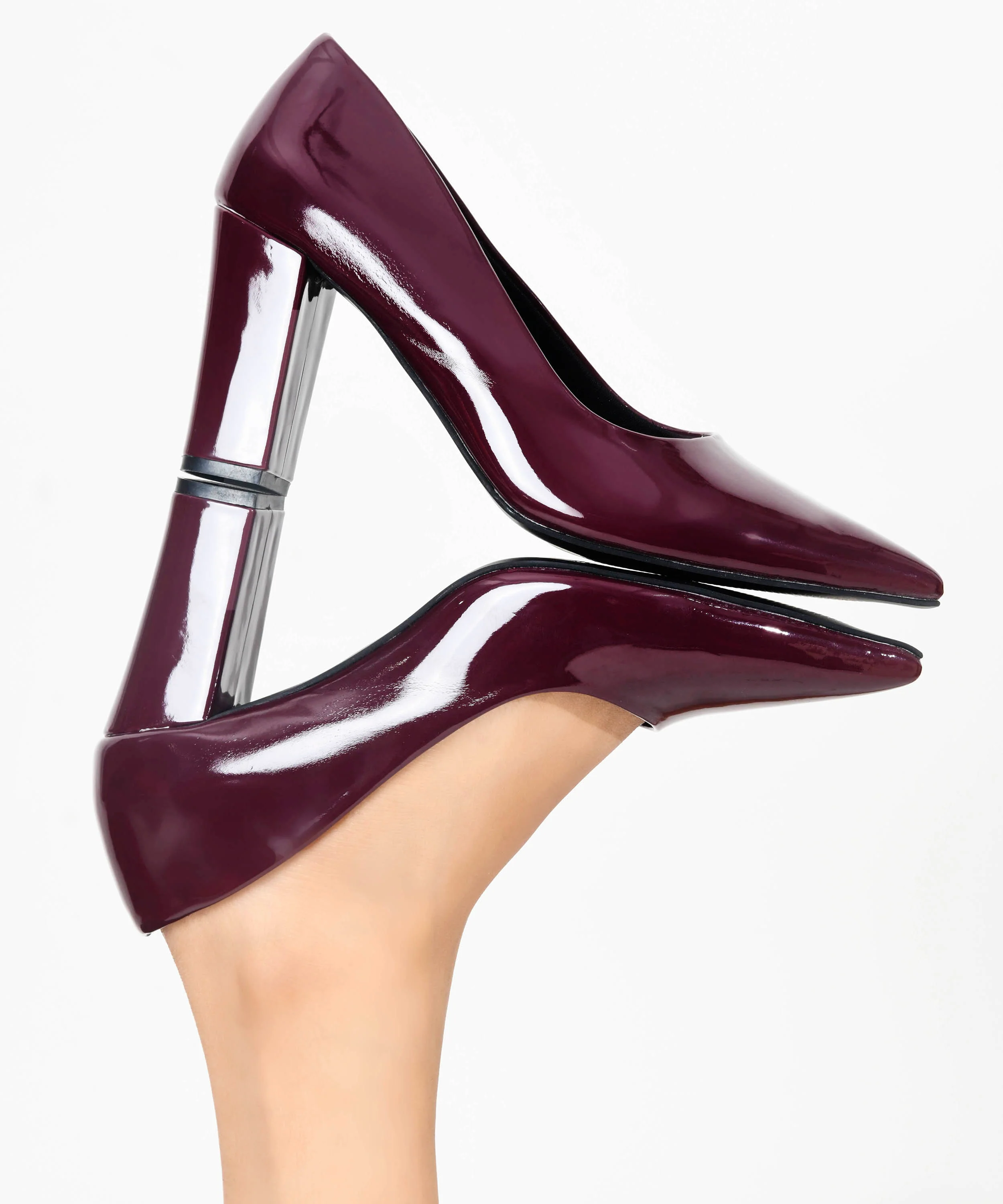 Pointed Toe Block Heel Pumps with Glossy Finish - Image 15