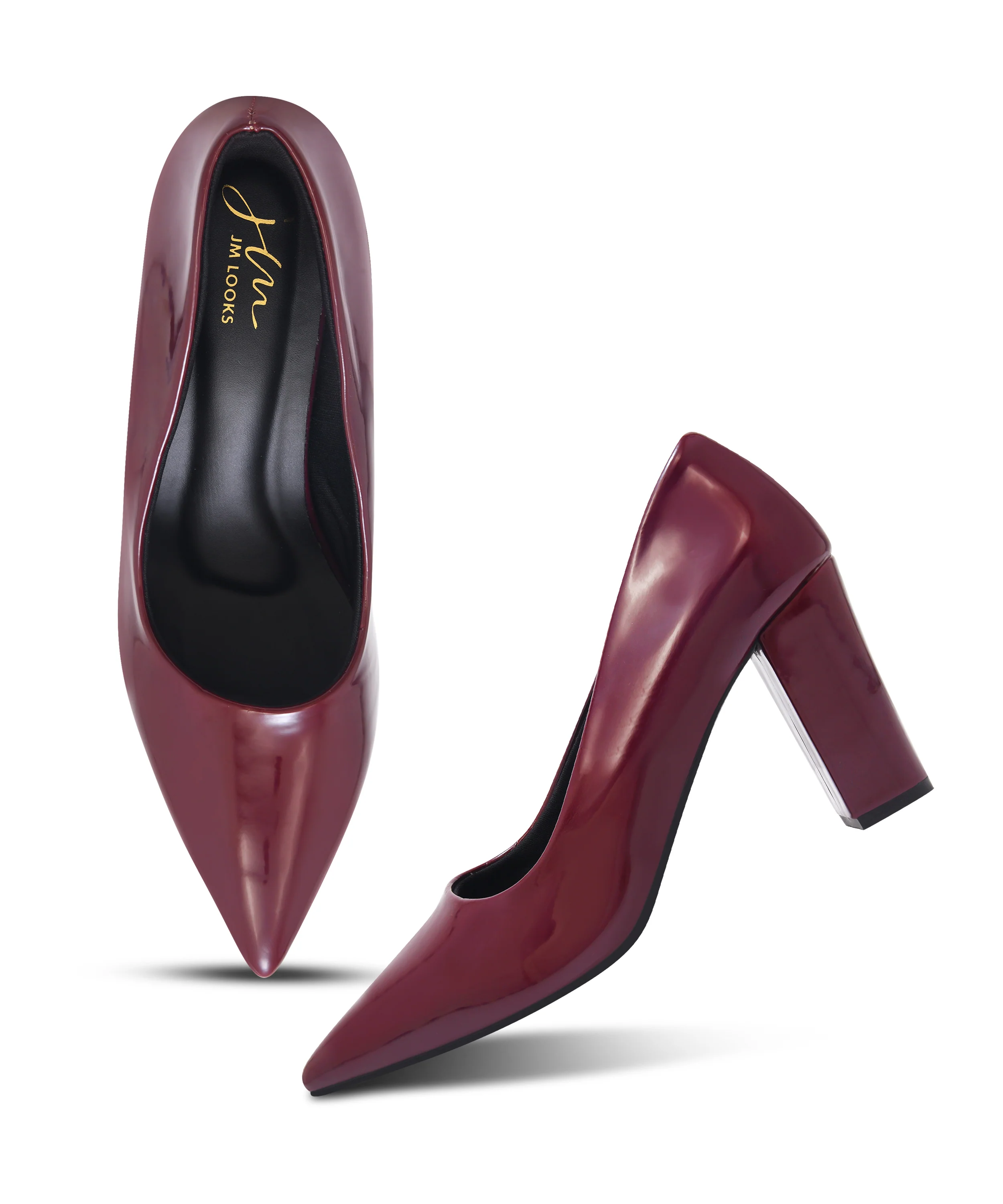 Pointed Toe Block Heel Pumps with Glossy Finish - Image 17