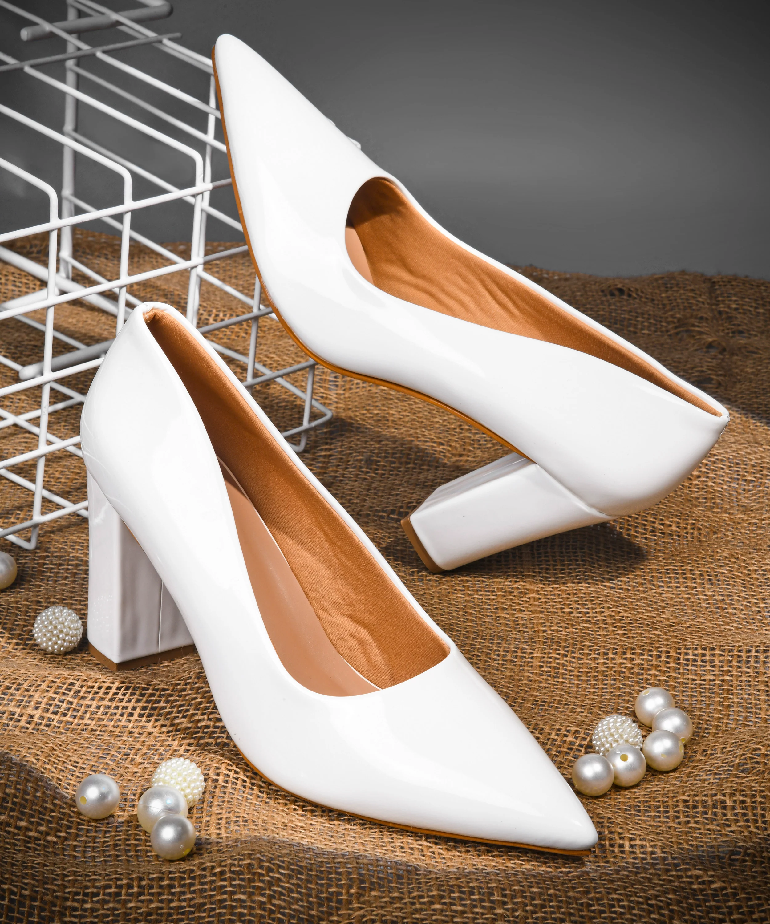 Pointed Toe Block Heel Pumps with Glossy Finish - Image 19