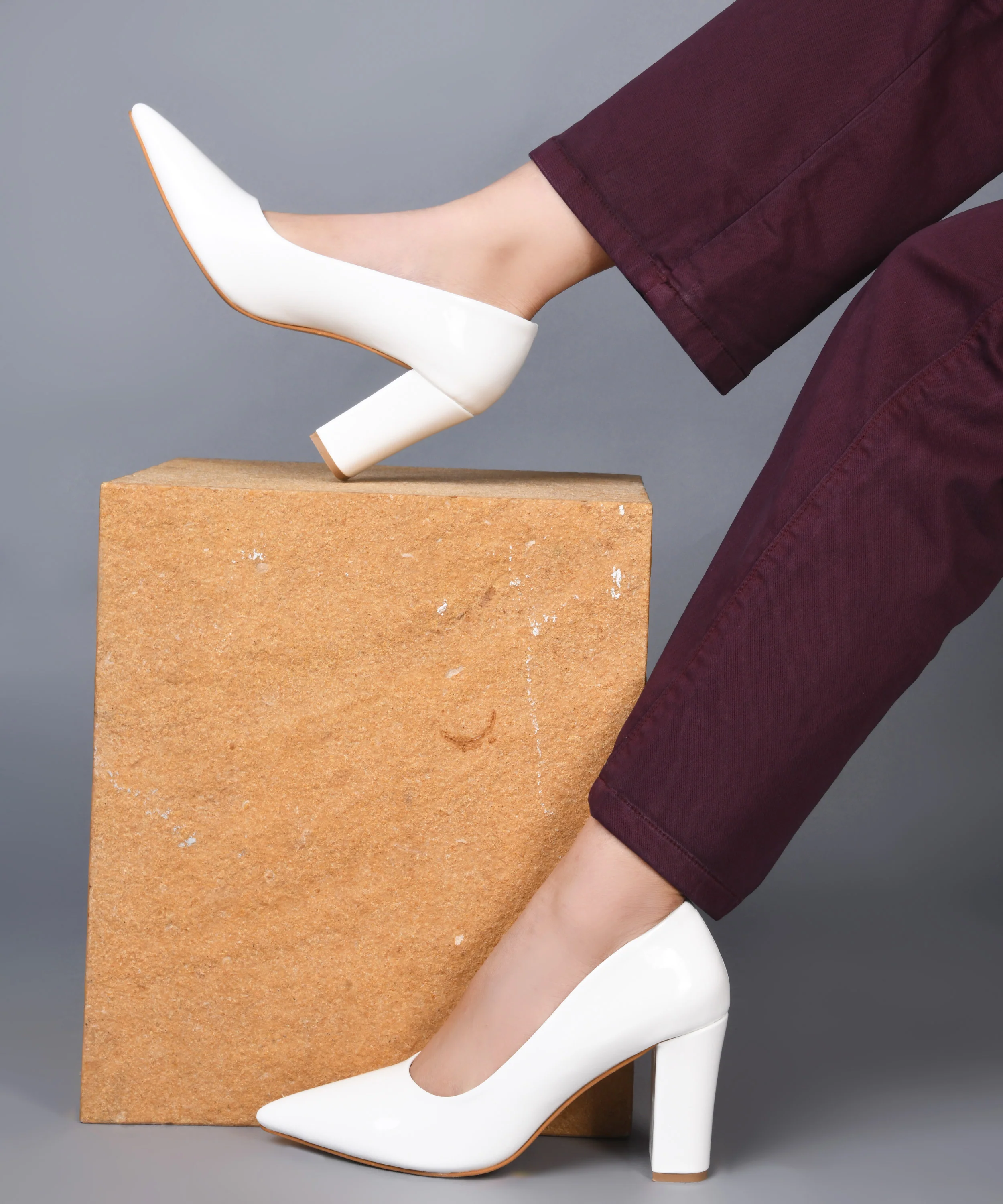 Pointed Toe Block Heel Pumps with Glossy Finish - Image 20