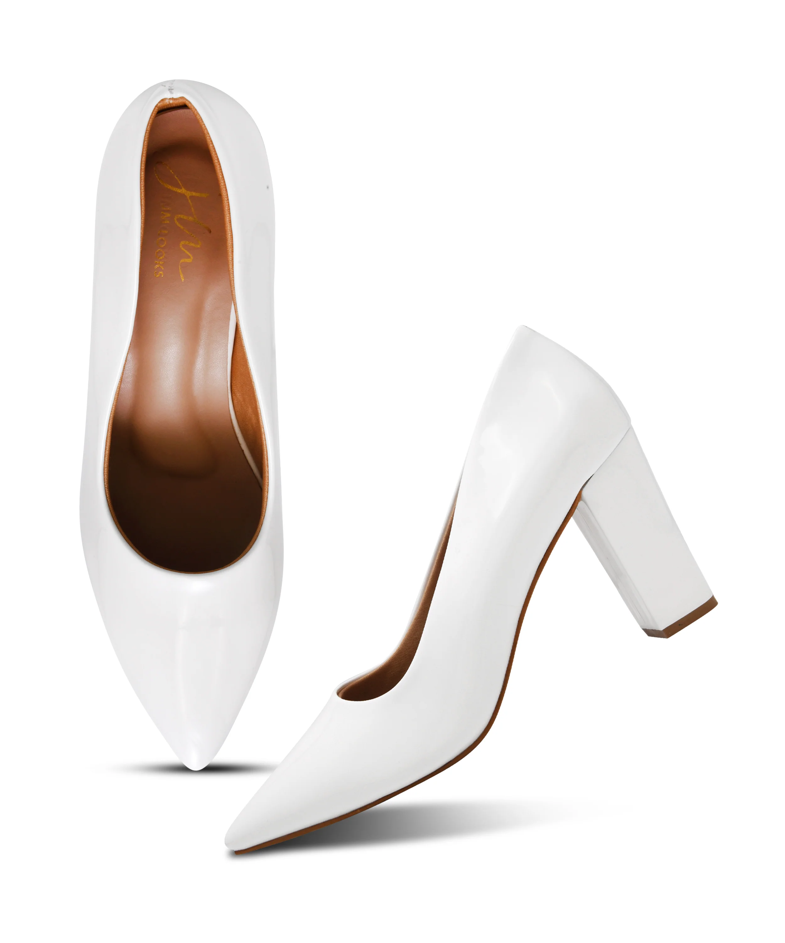 Pointed Toe Block Heel Pumps with Glossy Finish - Image 23