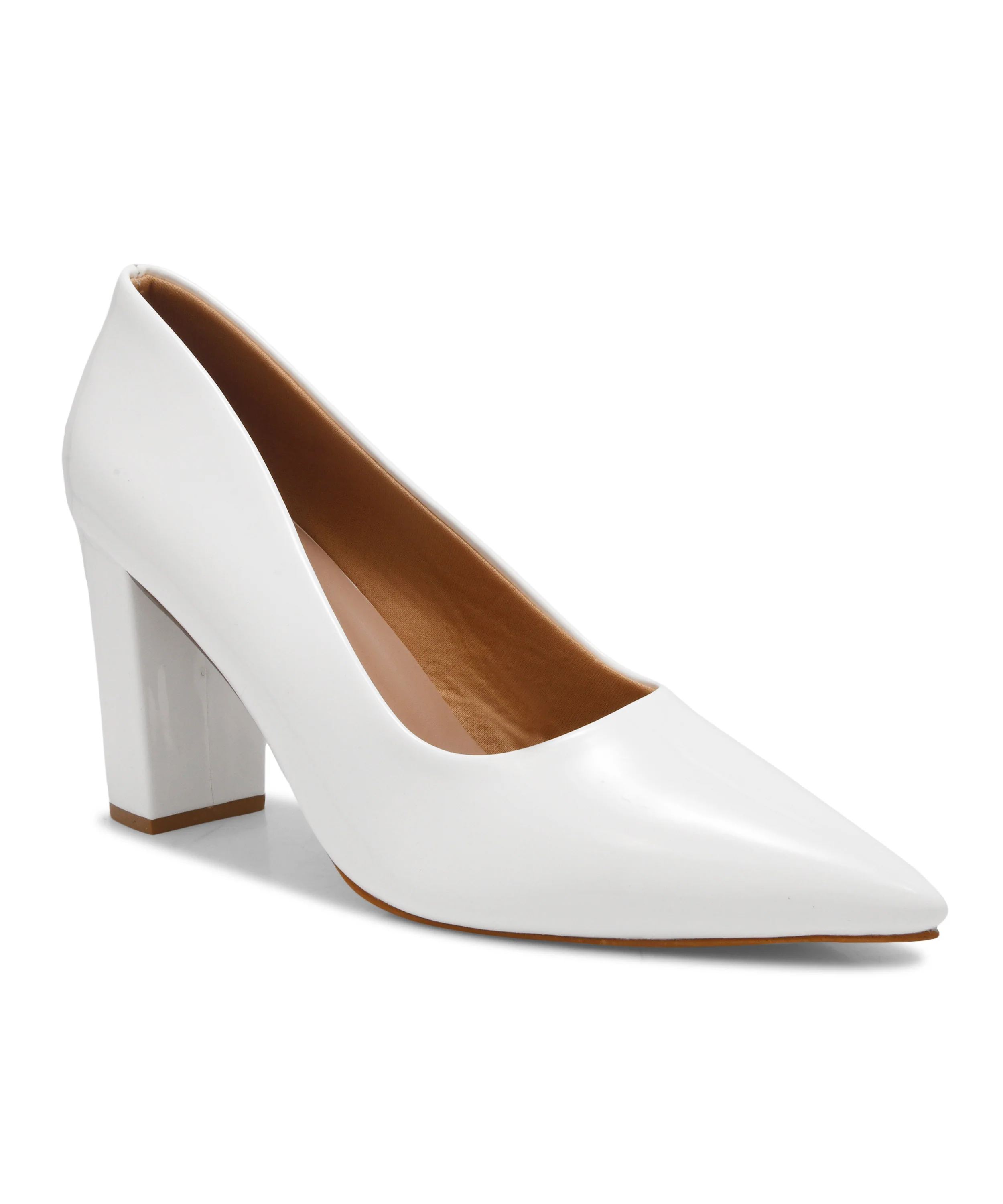 Pointed Toe Block Heel Pumps with Glossy Finish - Image 24