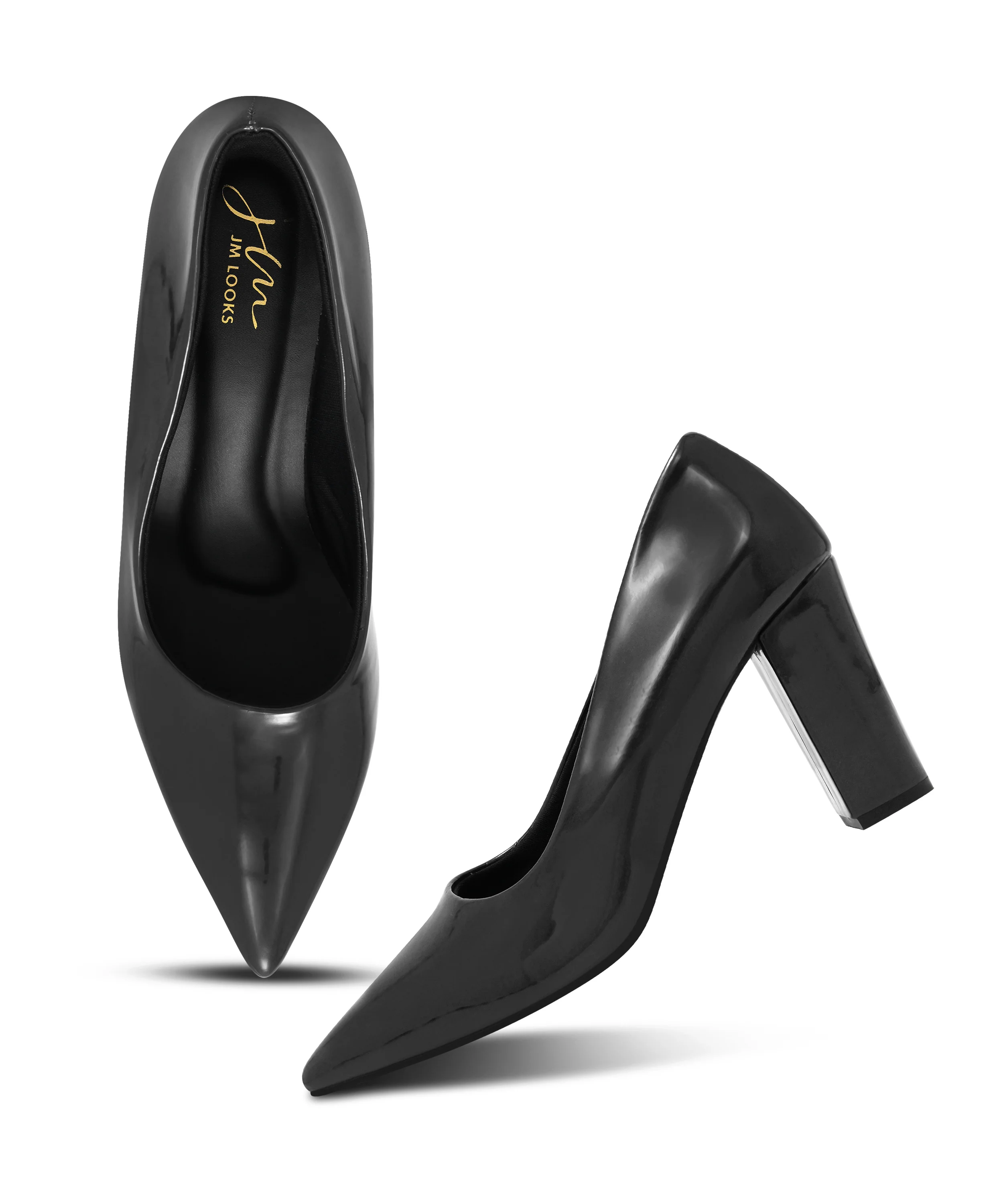 Pointed Toe Block Heel Pumps with Glossy Finish - Image 5