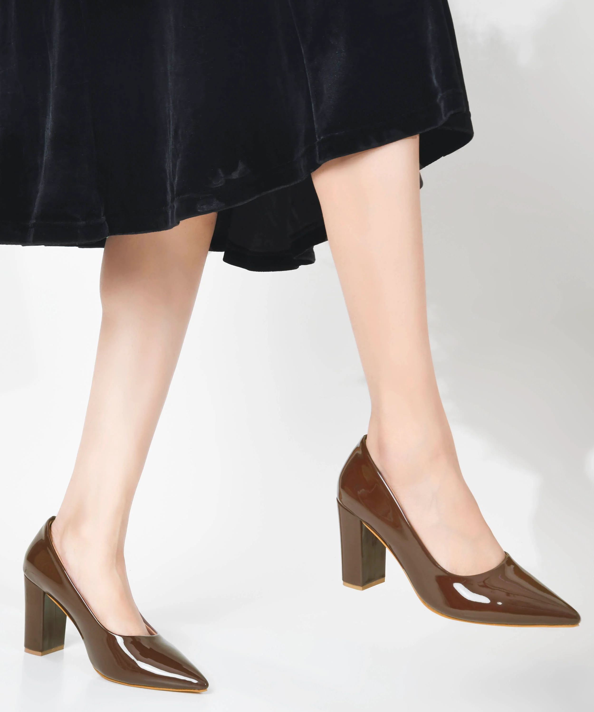 Pointed Toe Block Heel Pumps with Glossy Finish - Image 8