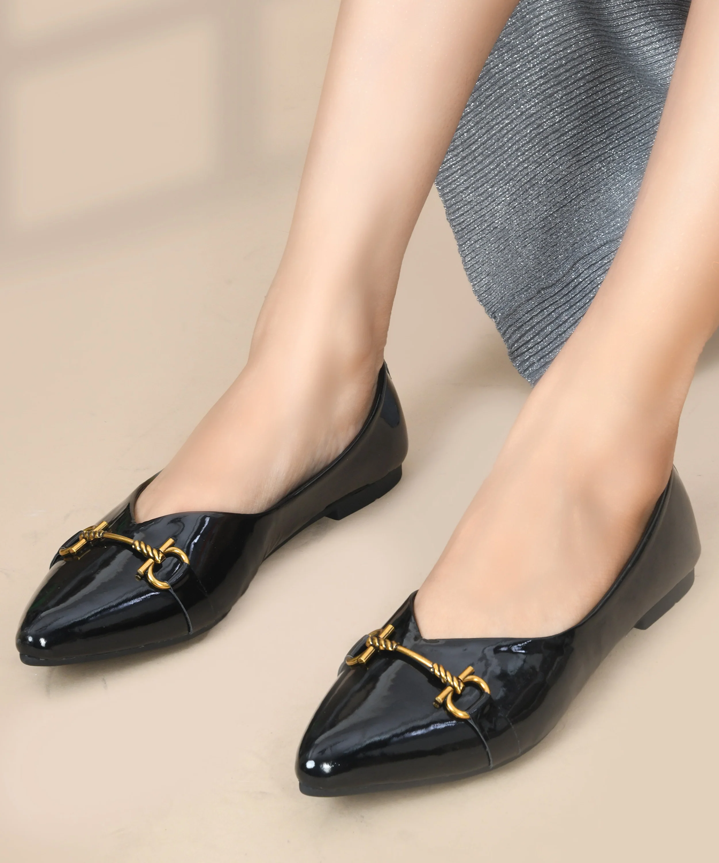 Pointed-Toe Loafers with Glossy Finish & Metal Chain Detail - Image 2