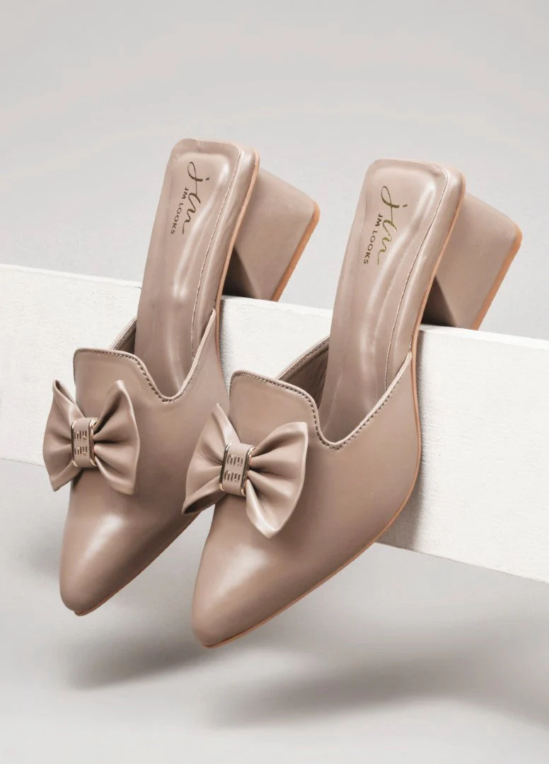 JM Looks Women's Bow Pointed Toe Block Heel Mules