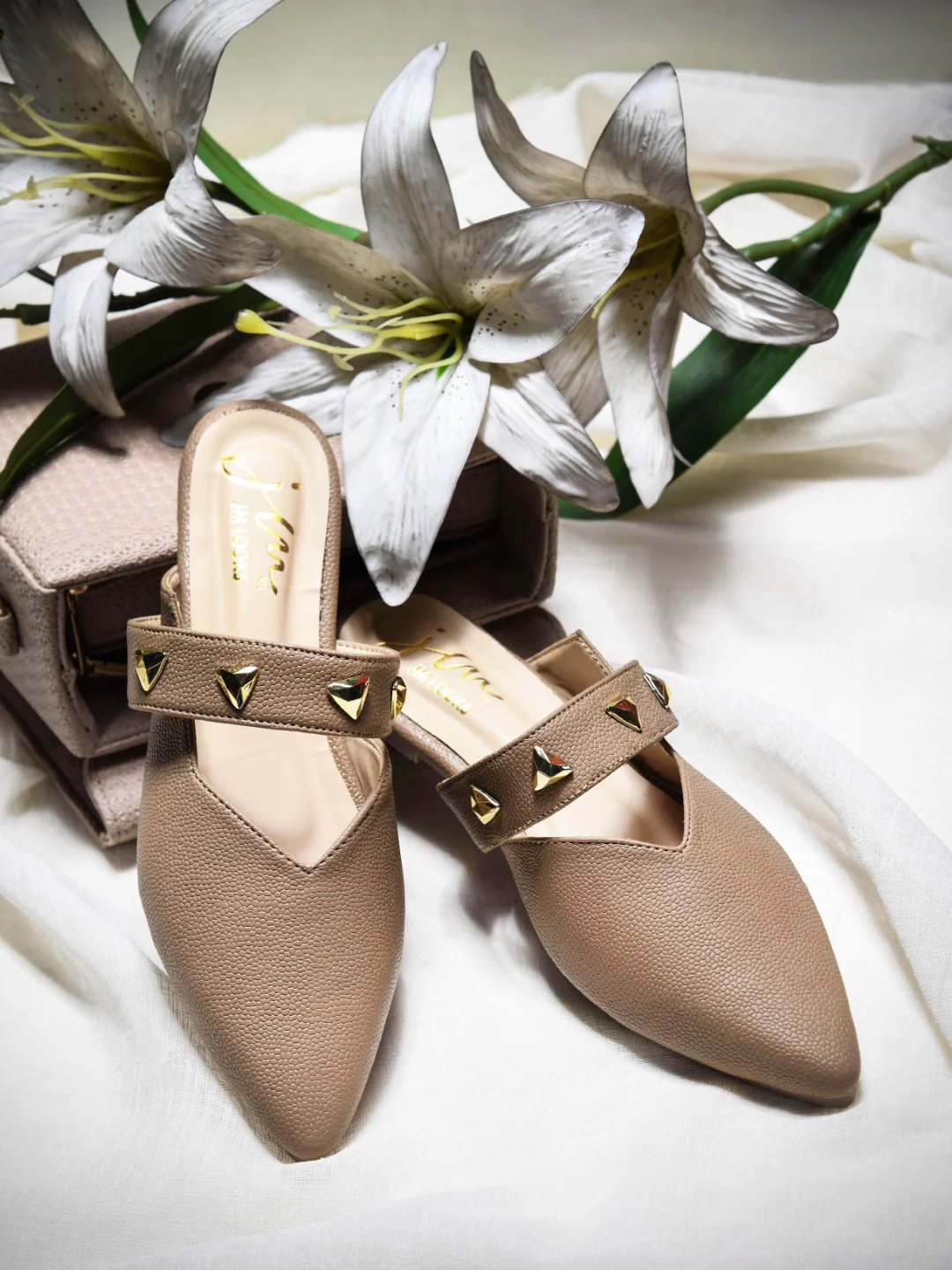 Pointed-Toe Mules with Studded Strap Detail