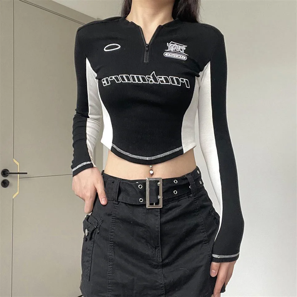 Racing Jacket Contrast Printed Zipper Short Jacket Women Crop Top - Image 2