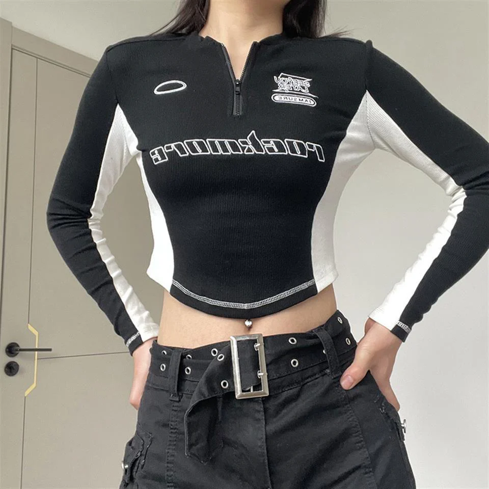 Racing Jacket Contrast Printed Zipper Short Jacket Women Crop Top - Image 3