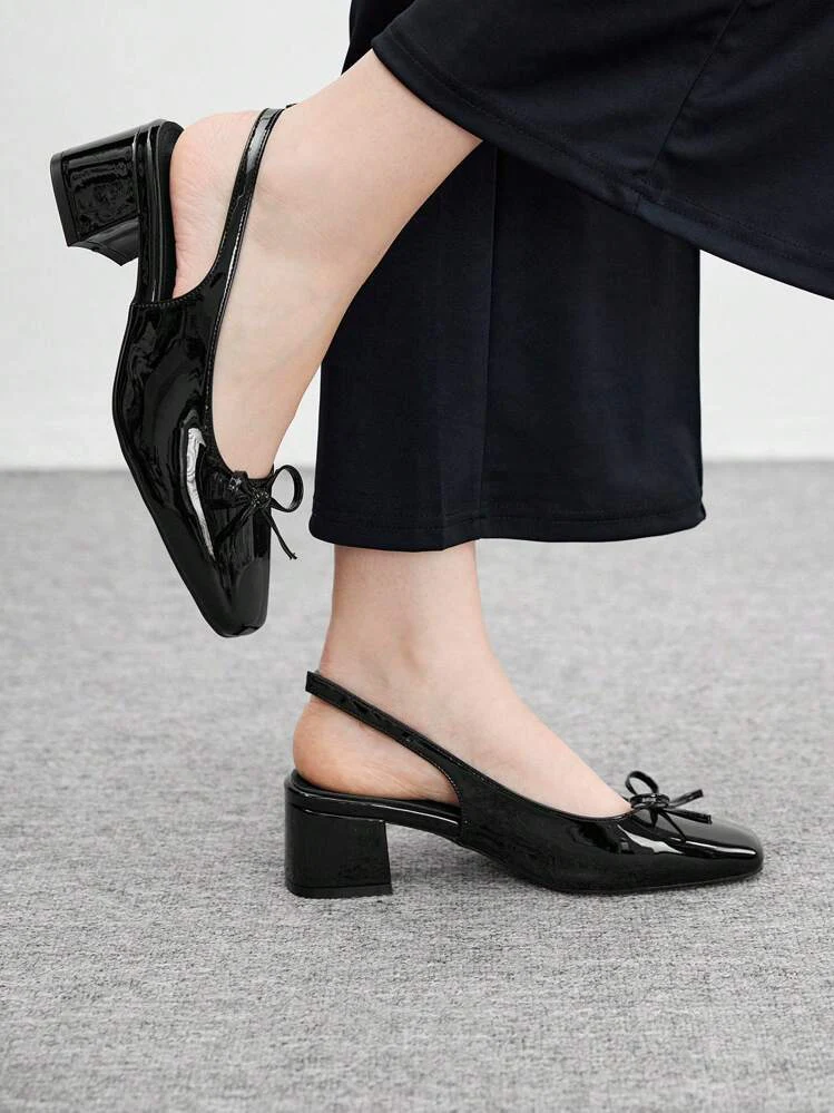 Slingback Glossy Block Heels With Bow - Image 11