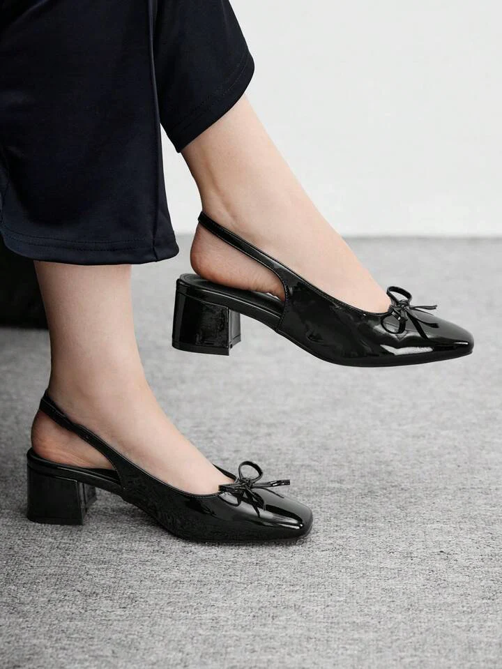 Slingback Glossy Block Heels With Bow - Image 12