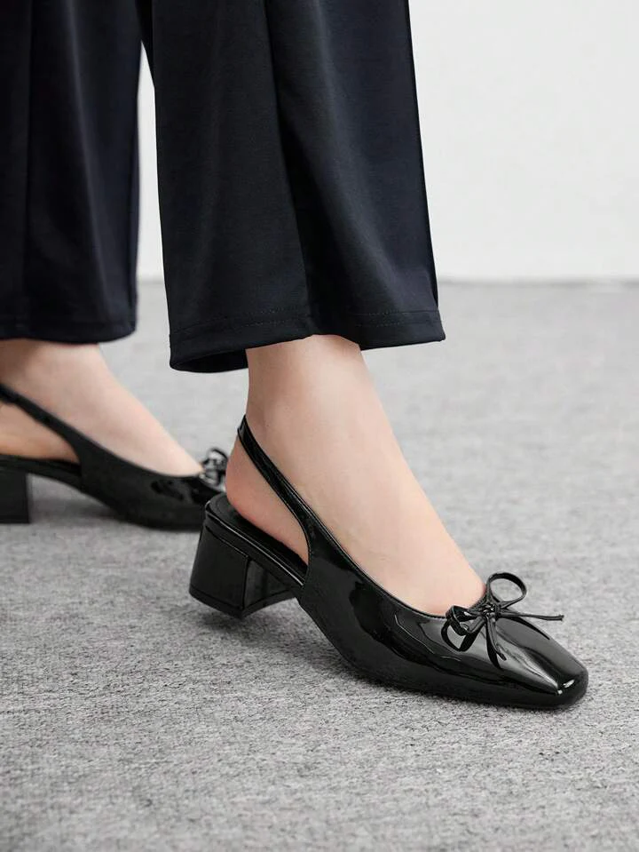 Slingback Glossy Block Heels With Bow - Image 13