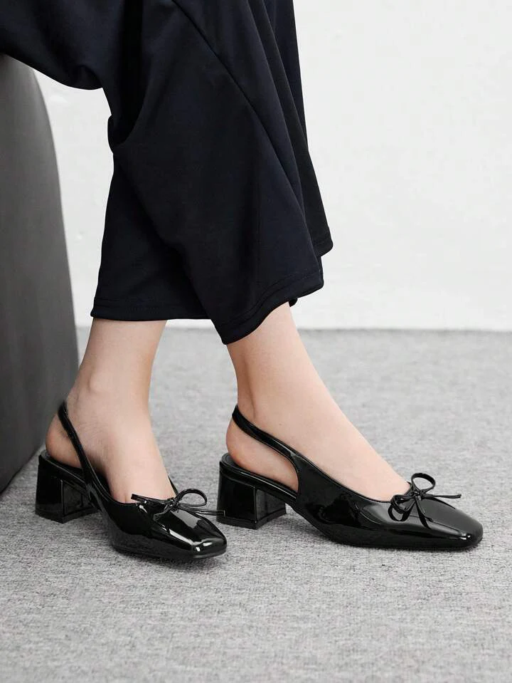 Slingback Glossy Block Heels With Bow - Image 14