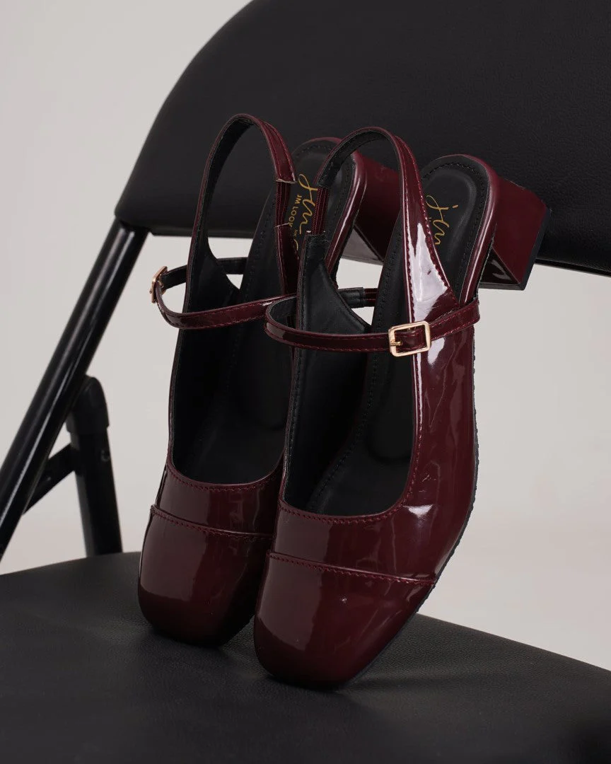 Slingback Glossy Block Heels With Buckle - Image 9