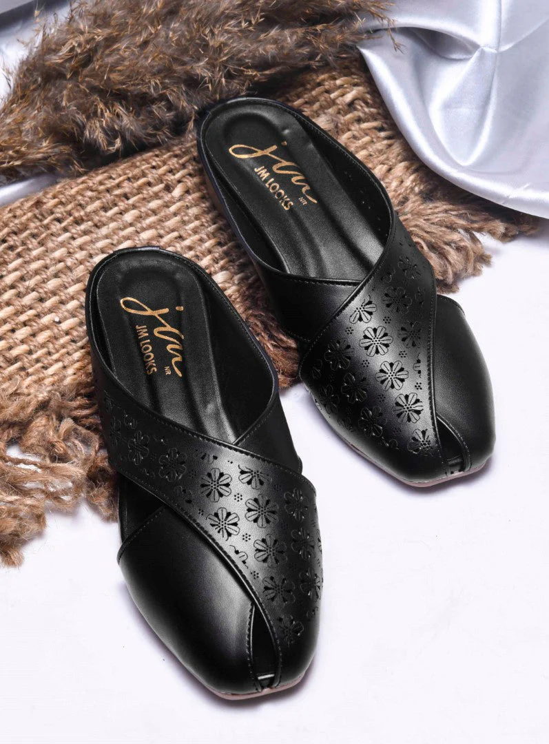 JM Looks Women's Laser-Cut Cross Strap Mules