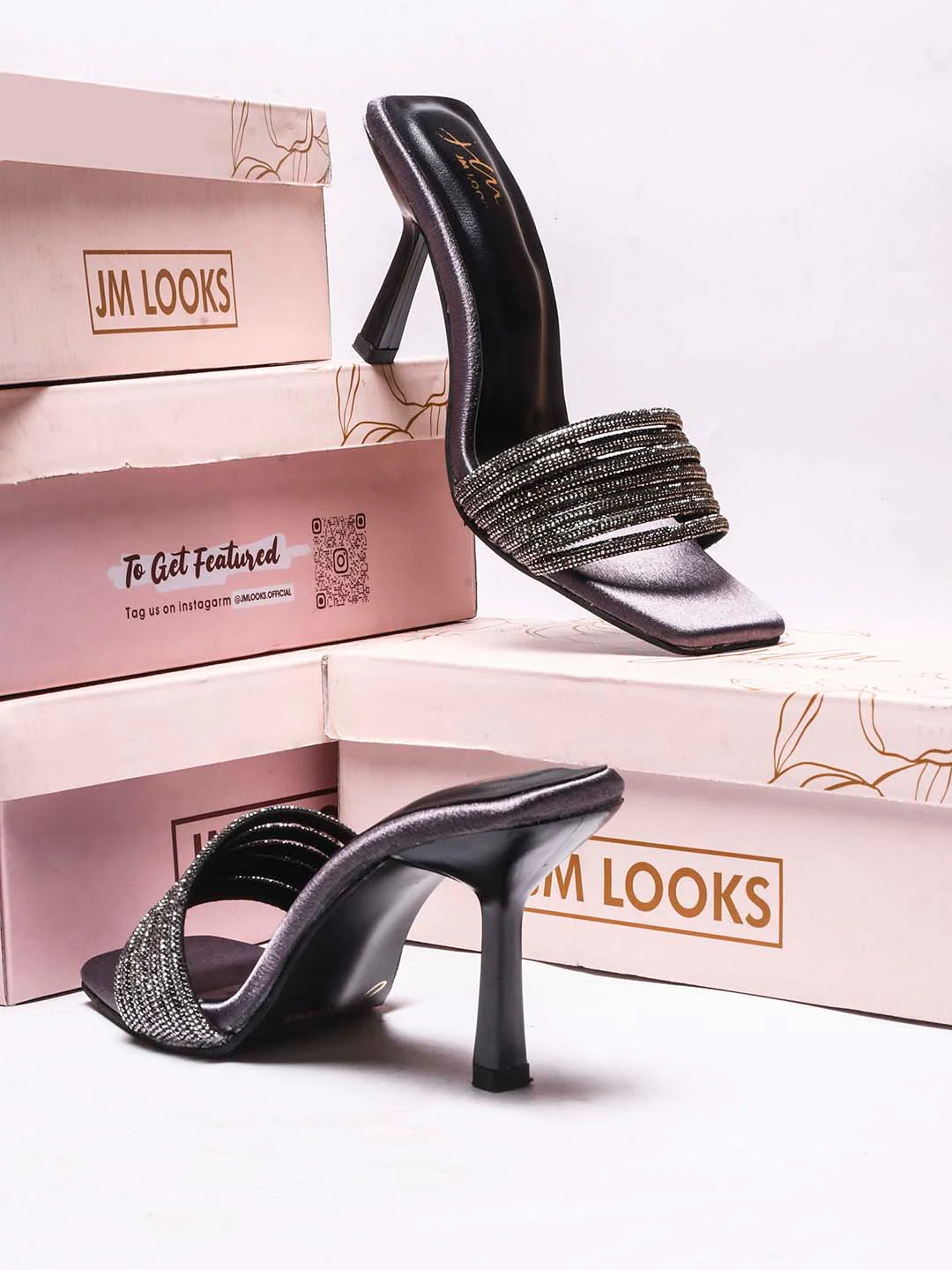 JM Looks Embellished Strap High Heel Mules - Image 10