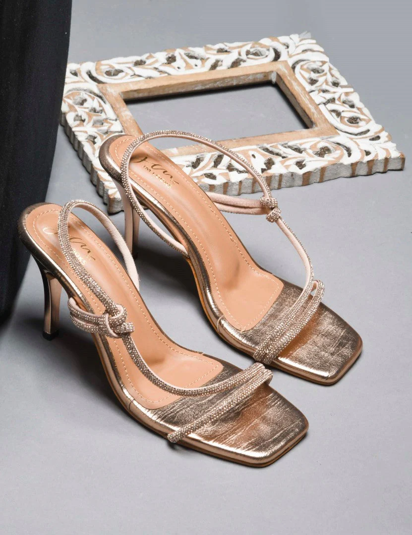 Strappy Knot Detail Heels with Metallic Finish and Kitten Heel