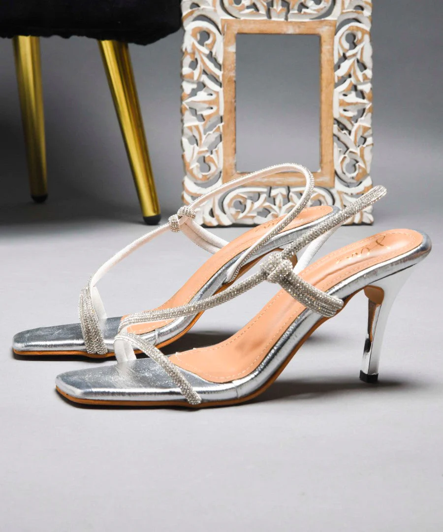 Strappy Knot Detail Heels with Metallic Finish and Kitten Heel - Image 7