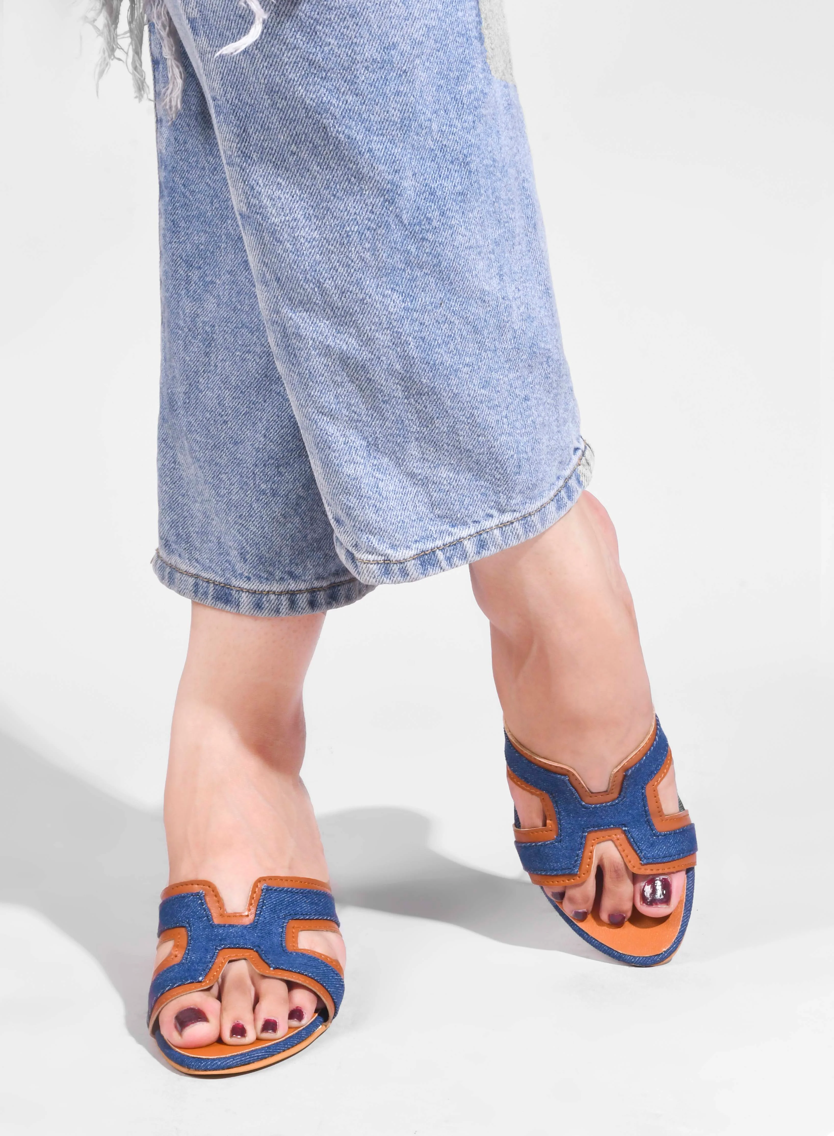 Jm Looks Women's Block Heel Slides - Denim & Tan Accent - Image 4