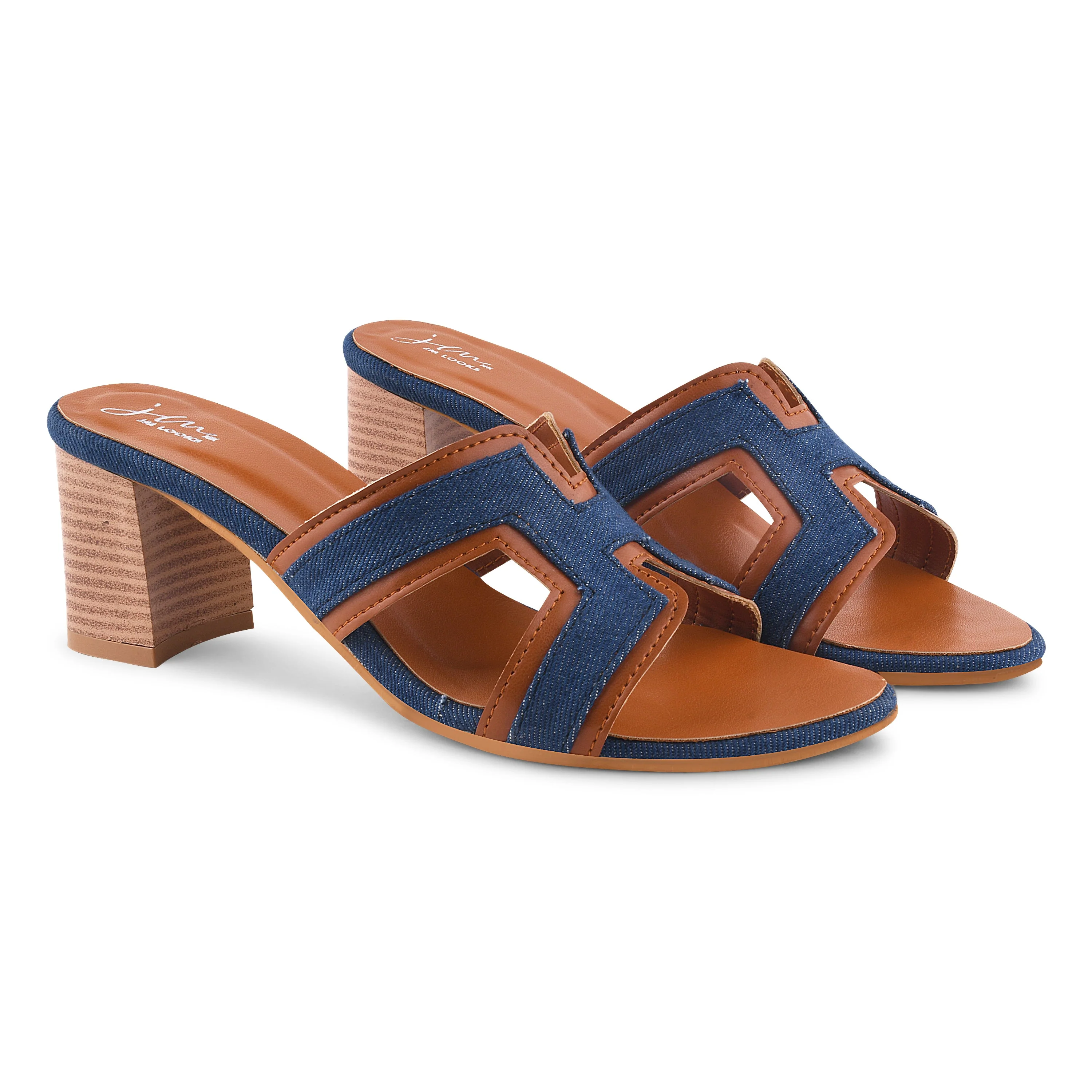 Jm Looks Women's Block Heel Slides - Denim & Tan Accent - Image 5
