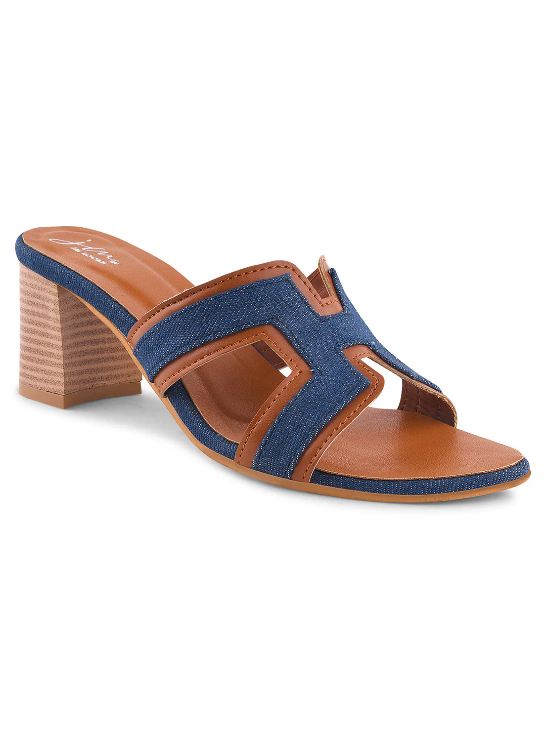 Jm Looks Women's Block Heel Slides - Denim & Tan Accent - Image 6