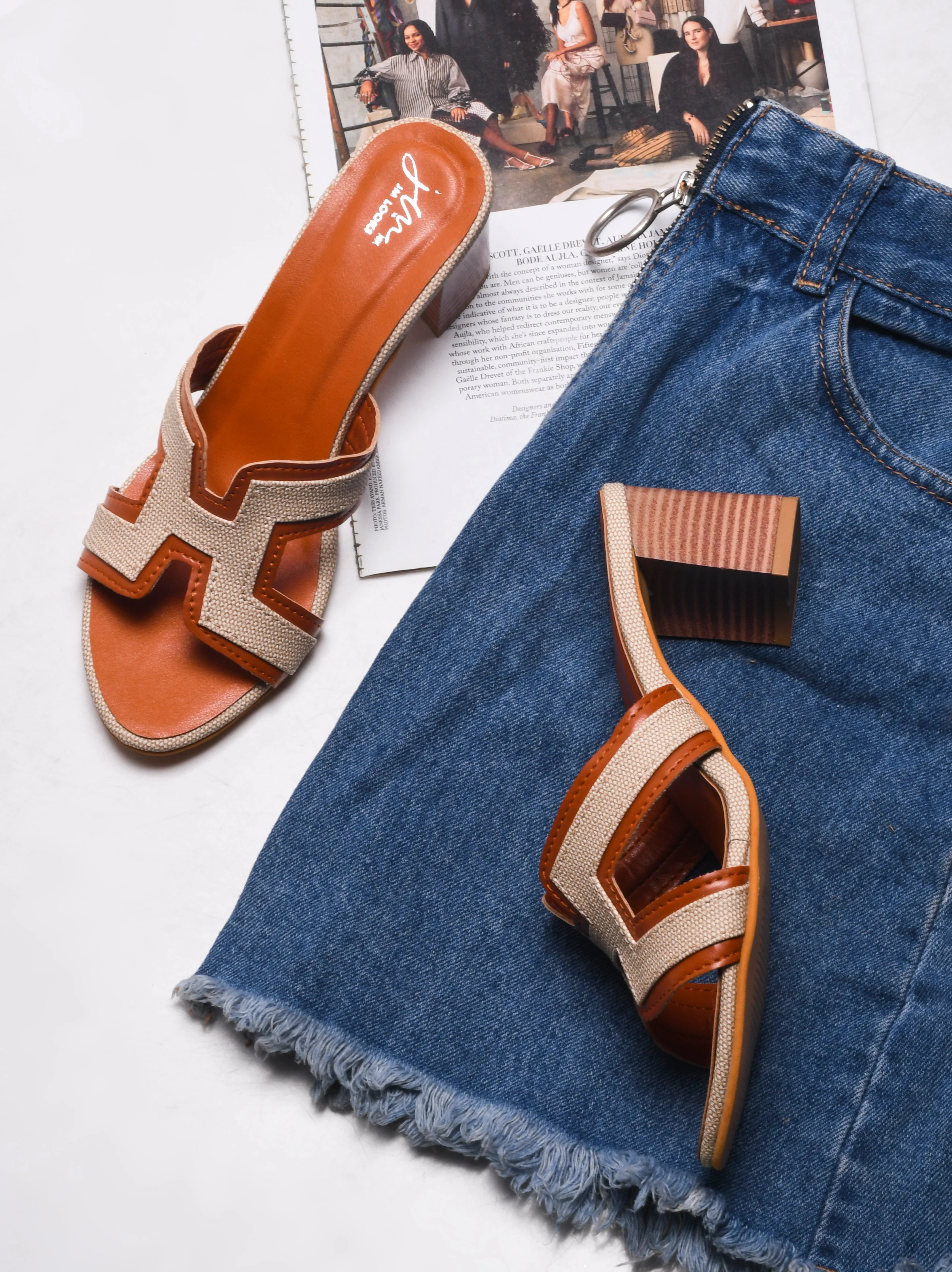 Jm Looks Women's Block Heel Slides - Denim & Tan Accent - Image 7