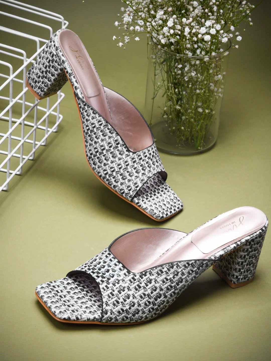Textured Block Heel Mule Sandals with Open Toe