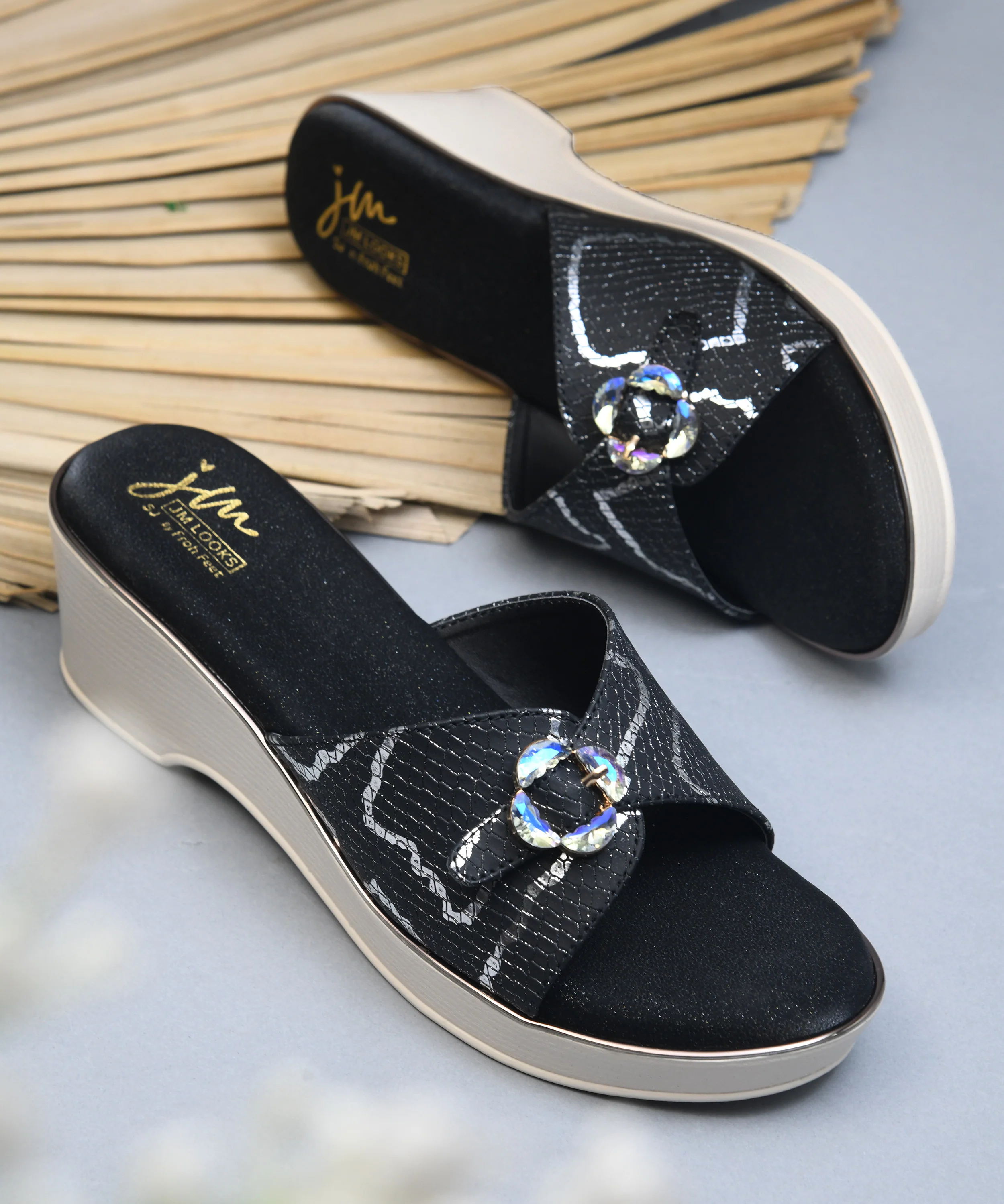 Textured Floral Buckle Wedge Sandals for Women