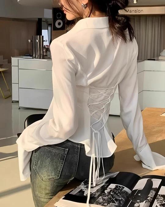 White Fitted Shirt with Back Lace-Up - Image 2