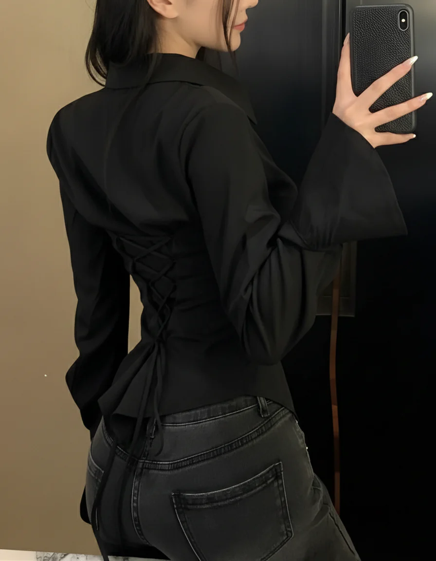 White Fitted Shirt with Back Lace-Up - Image 5