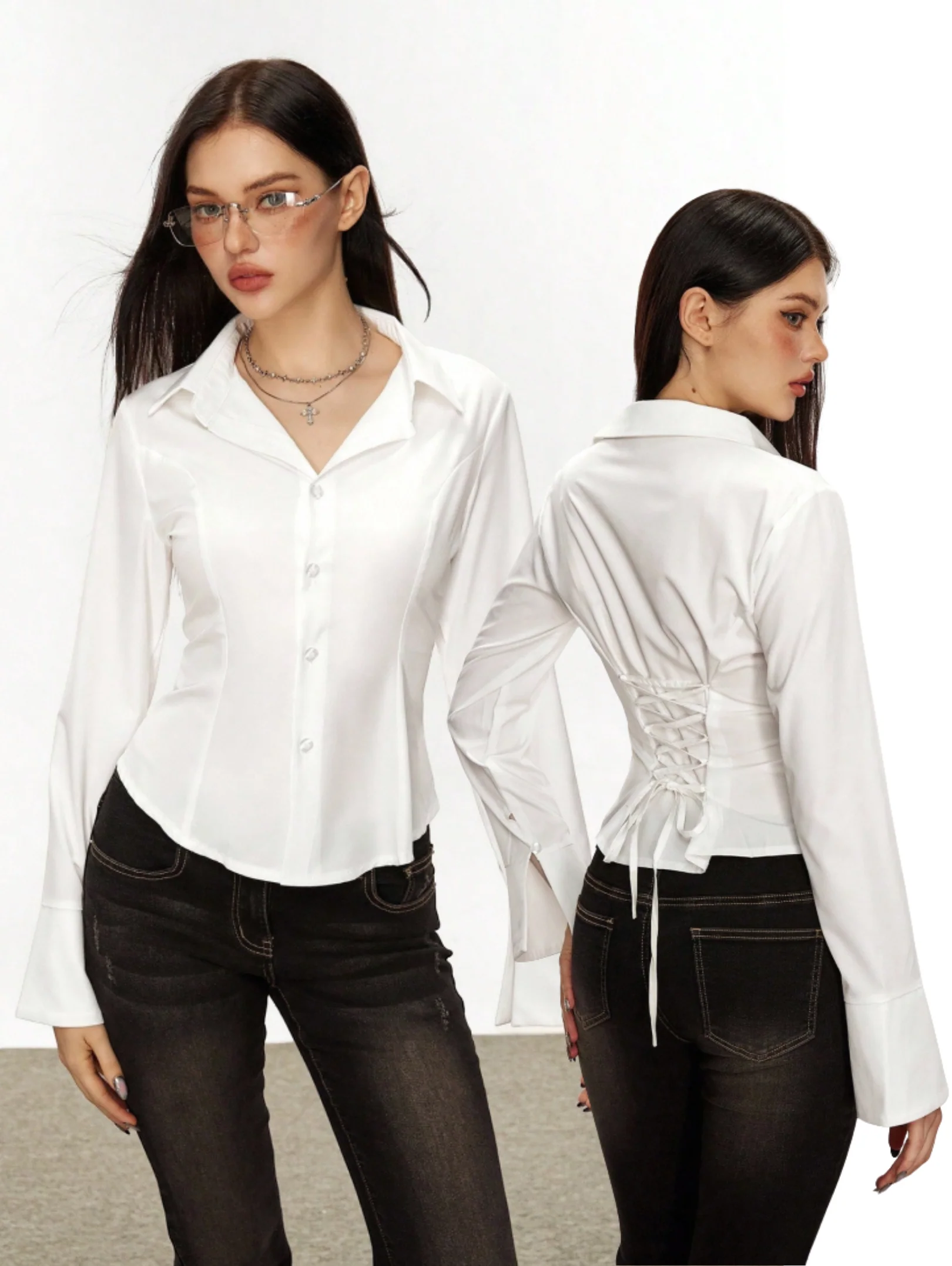 White Fitted Shirt with Back Lace-Up