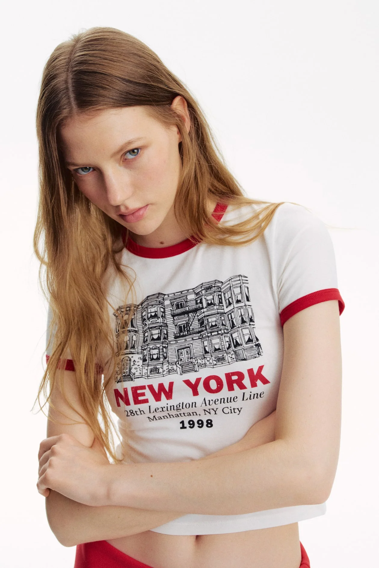 Women's White Graphic Ringer Crop Top Tee